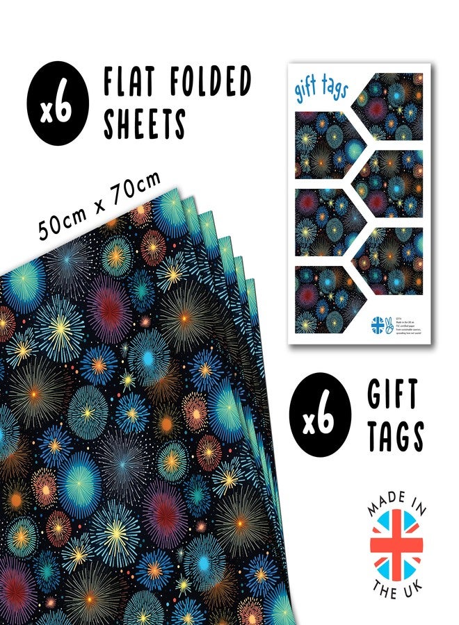 CENTRAL 23 Black Wrapping Paper - 6 Sheets Of Gift Wrap For Men Women - Colorful Fireworks Print For Birthday, 4th Of July, Christmas, New Year - Comes With Stickers - Image 2